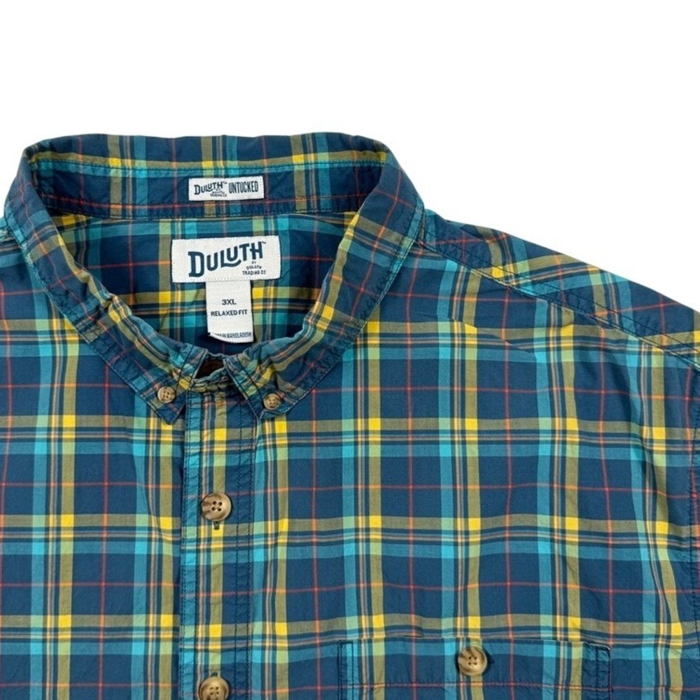 Duluth Trading Co Mens 3XL Relaxed Fit Untucked Plaid Short Sleeve Shirt Teal